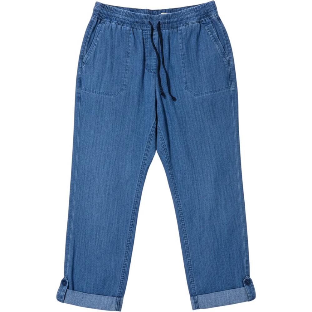 Talbots Womens Blue Cotton Chambray crop roll Pants Elastic Drawstring Waist L